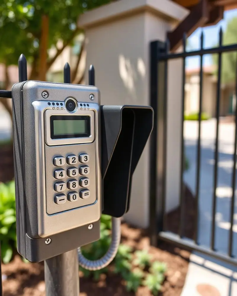 Keypad and intercom access control station at a gated driveway entrance