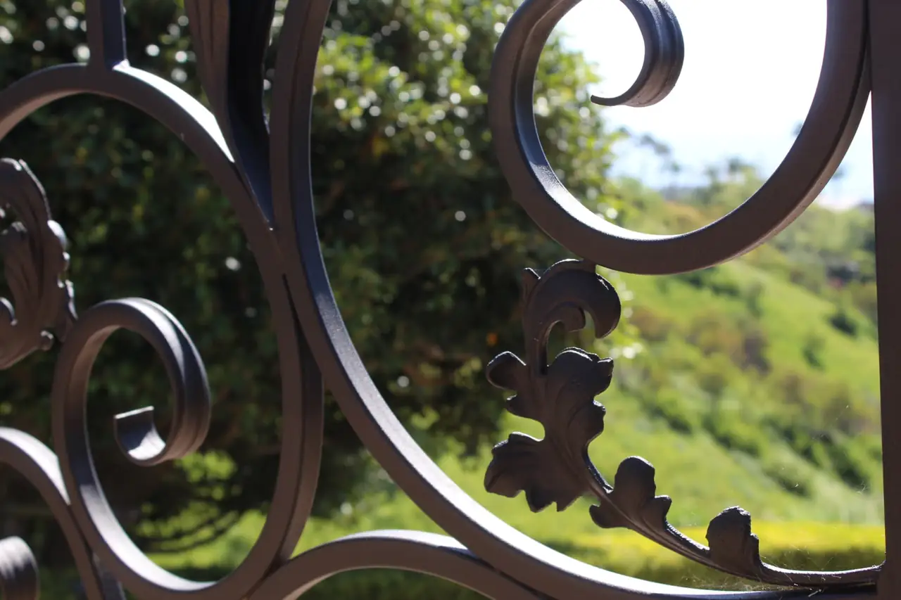 Close-up of ornate black wrought iron scrollwork on a decorative fence panel