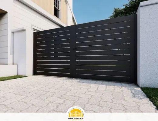 Dark horizontal driveway gate shown closed